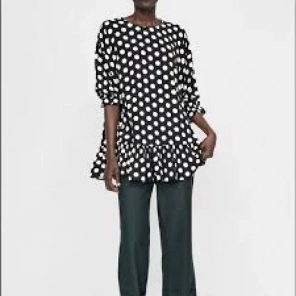 ZARA Polka Dot Ruffle Hem Tunic Top Black and White S Oversized - Picture 3 of 7